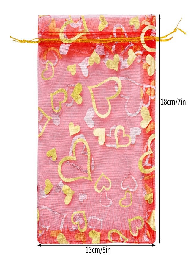 Bskifnn 100PCS Heart Printed Organza Bags Gift Jewelry Candy Bags for Wedding Valentine's Day Mother's Day Party Christmas 5x7Inch (Red) - Image 2